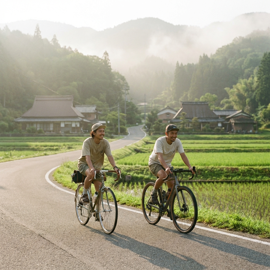 里山で自転車に乗りながら話すイメージ